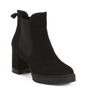 AEROSOLES Black Leather Suede Emelia Comfort Heel Booties